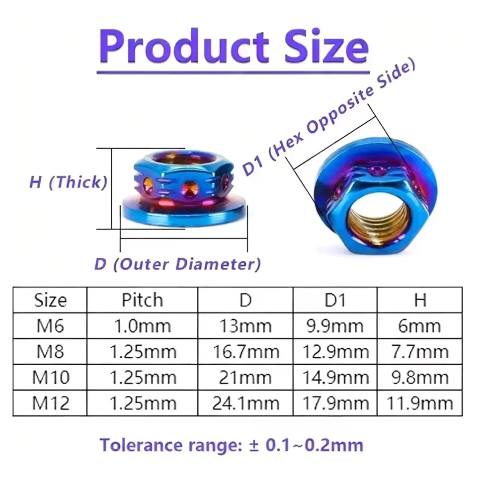 

304 Stainless Steel M6 M8 M10 M12 Flange Hex Nut Titanium Gold/Blue Hex Nut for Cars Motorcycles and Bicycles