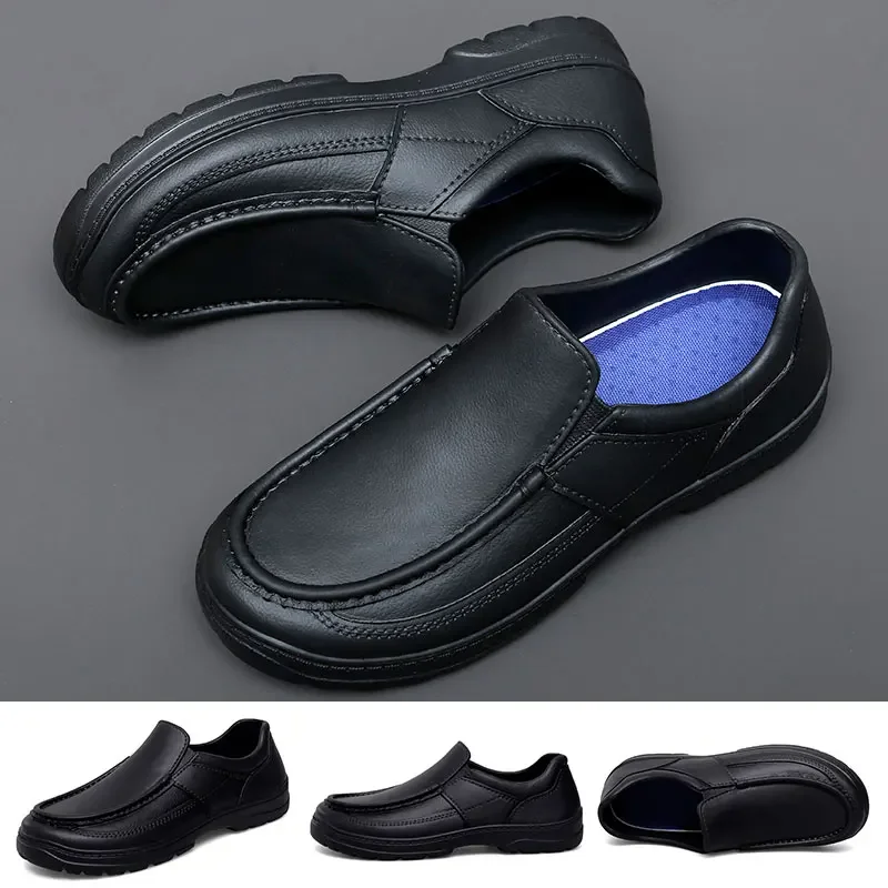 Men Leather Casual Shoes Business Driving Shoes Oil Proof Waterproof Chef Shoes Non-slip EVA Slip on Leather Shoes Black EU39-44