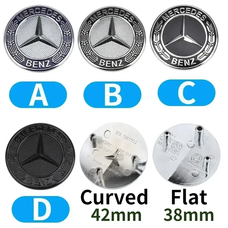 42mm Curved 38mm Flat ABS Car Front Engine Grill Emblem Badge Label for Mercedes Benz C Class E Class C200 E260 E300L S400L