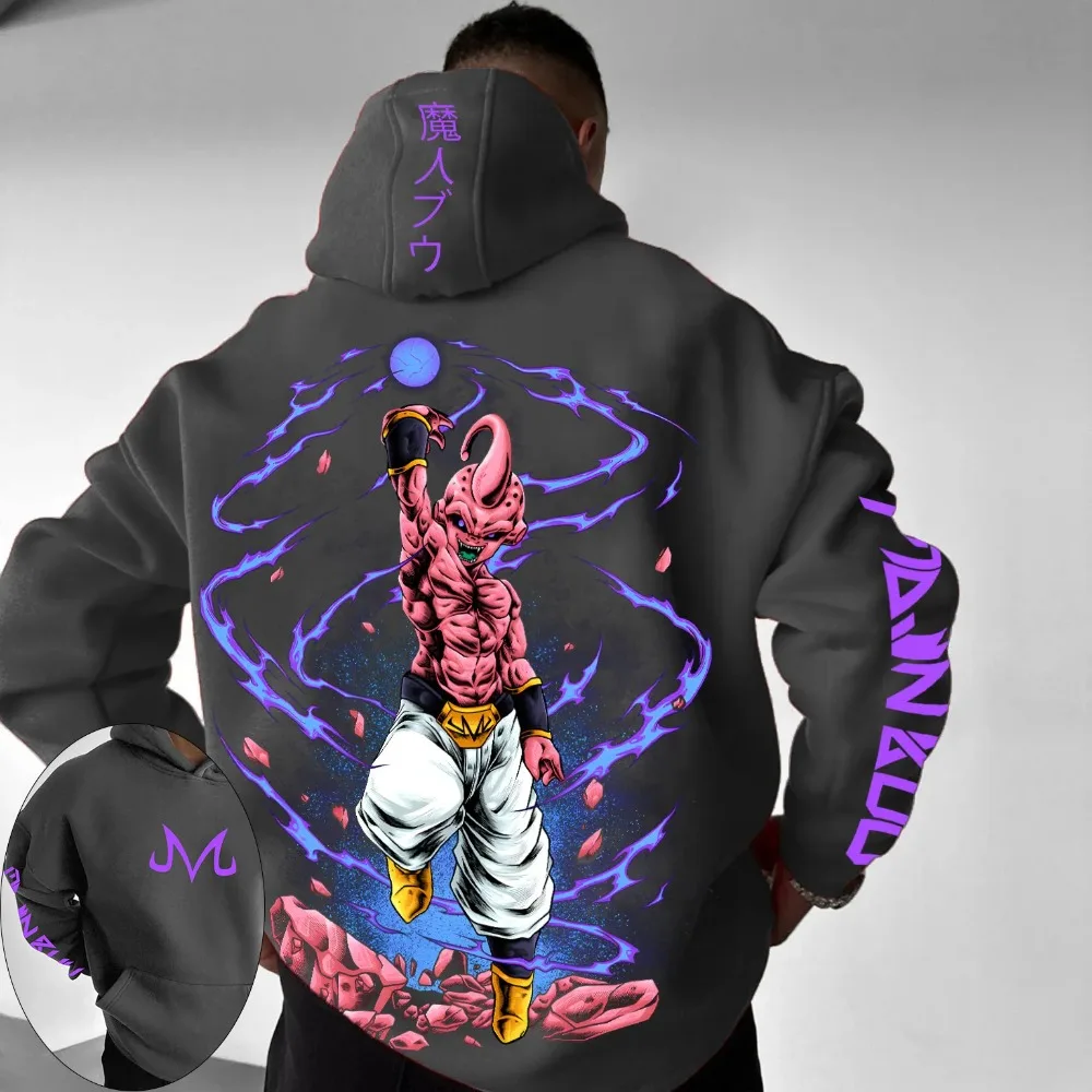 

Мужская осенне-зимняя толстовка с капюшоном Dragon Ball — принт Majin Buu с энергетической аурой, аниме-дизайн высокой четкости, идеально подходит для фанатов