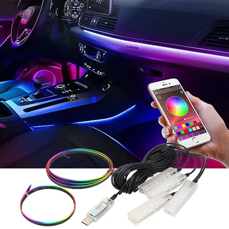 6/5in1 Universal Symphony Car Ambient Lights LED Interior RGB Atmosphere Lamp USB APP Control Remote for Tesla BMW Benz