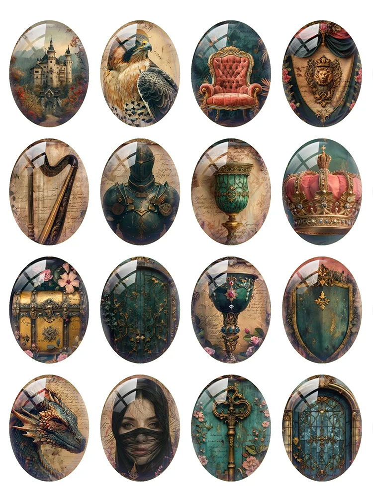 10pcs/lot Gothic Dargon Eagle Crown Castle King Girl Key Oval Photo Glass Cabochon Flatback Demo Cameo Diy Jewelry Making