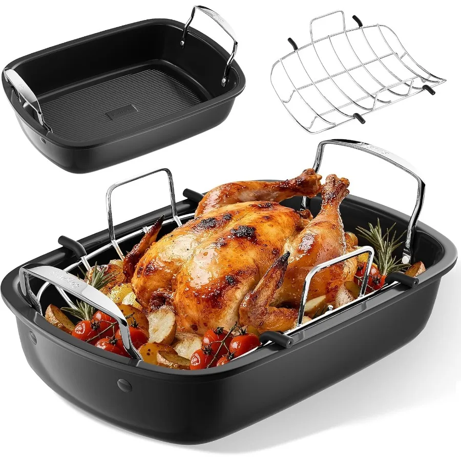 

Roasting Pan 17 Inch x 13 Inch Roaster with Removable Rack Nonstick Roaster Pan for Roasting Turkey Meat and Vegetables Silver