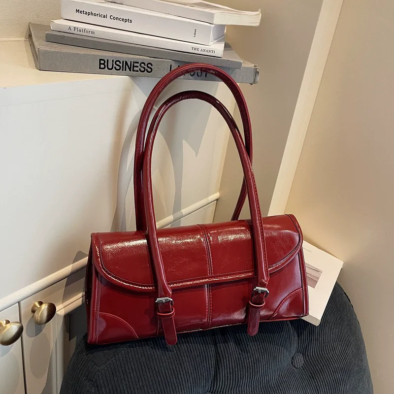 High Quality Burgundy PU Leather Underarm Bag Elegant Women's Magnetic Buckle Shoulder Bag Commuter Versatile Ladies Tote Bags
