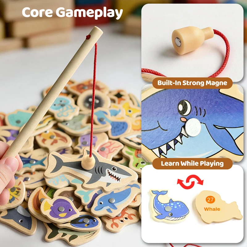 Montessori Wooden Magnetic Fishing Toy Marine Creature Cognition Kids Early Educational Toy Hand Eye Coordination Training Gift