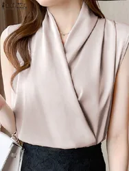 ZANZEA Elegant Satin Tank Tops Summer Sleeveless V-Neck Solid Color Blouse Female Fashion Party Shirt Casual OL Office Blusas