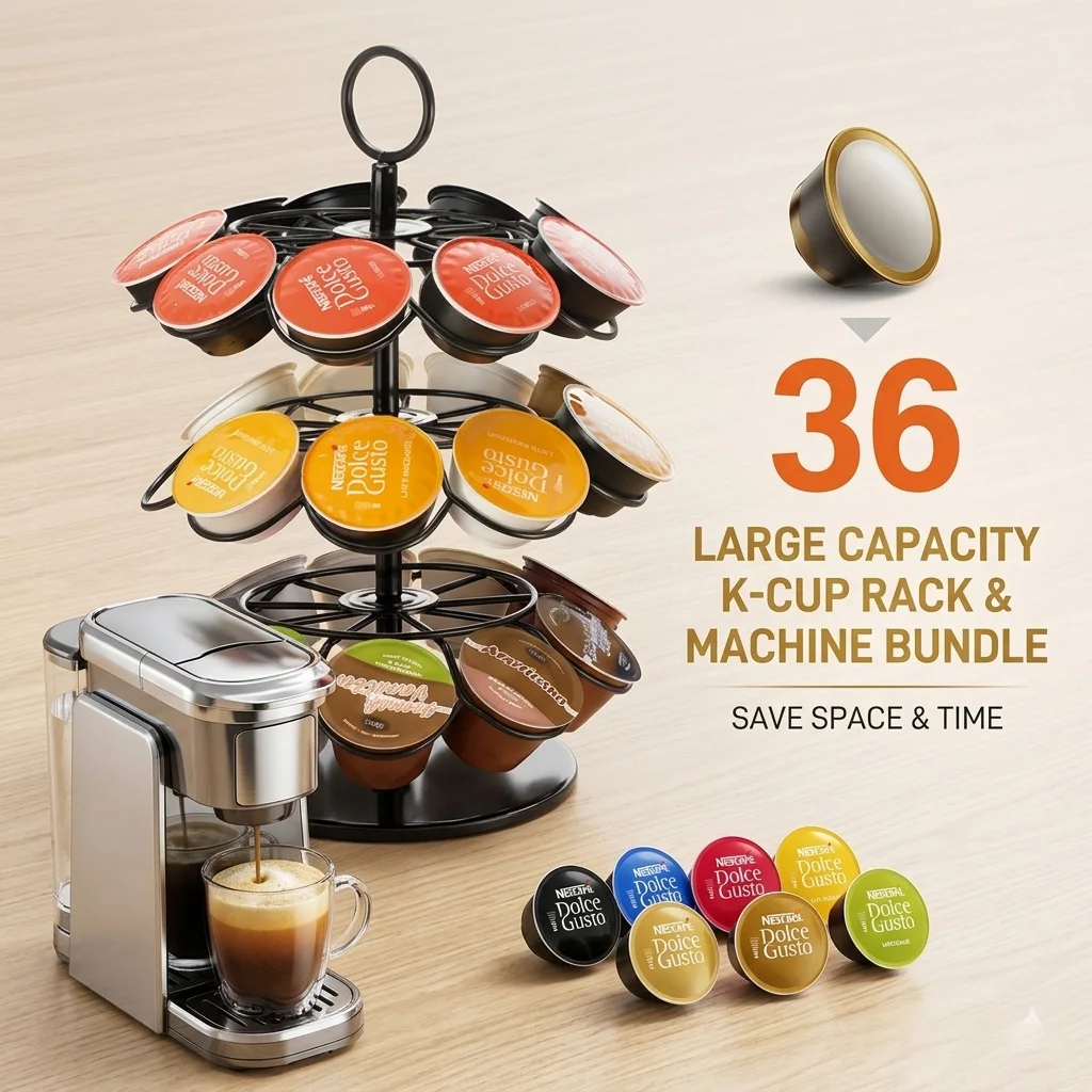 36-fach drehbarer Kaffeekapselhalter |   Elegantes Küchen- und Büro-Aufbewahrungsregal |   Organizer-Ständer für Nespresso Dolce Gusto
