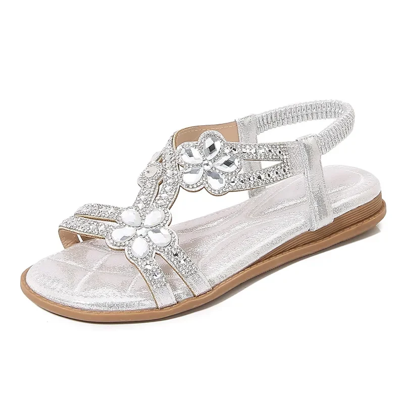 Plus Size 36-46 Shoes for Women Rhinestone Sandals Elastic Band Beach Shoes Fashion Casual Open Toe Sandalias De Mujer
