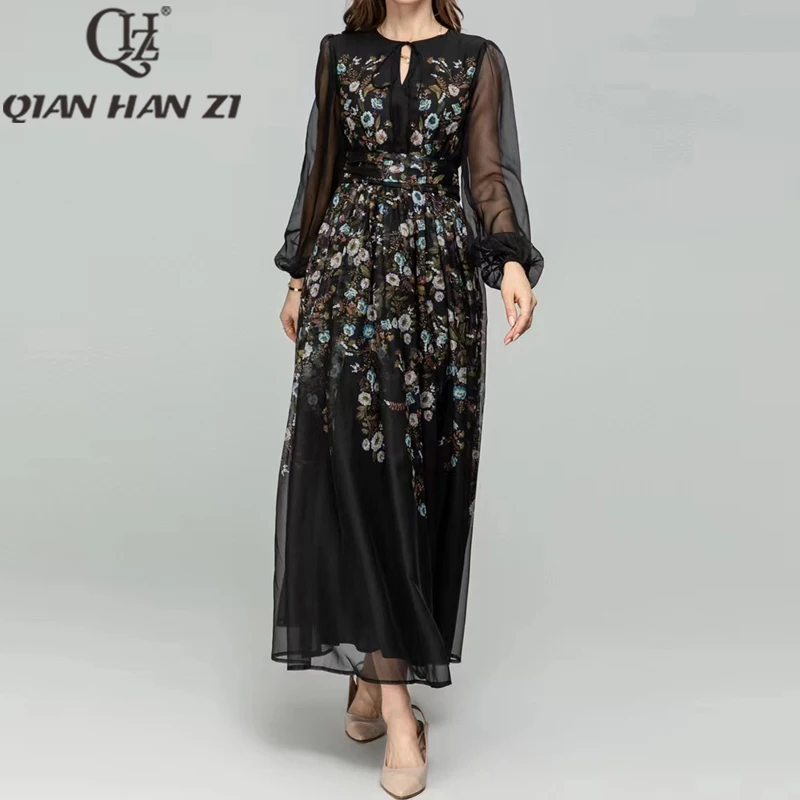 

QHZ Designer Fashion Black Party long Dress Lantern sleeve Vintage printing elegant slim Vacation beach Maxi dress