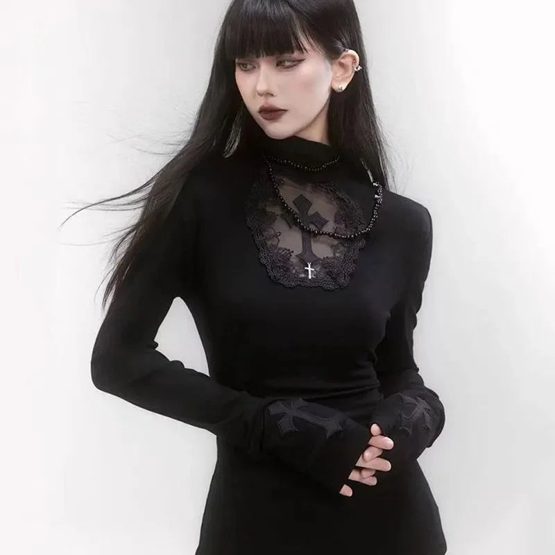 Sexy Black Gothic T Shirts Cross Hollow Slimming Bottom Turtleneck Tops 2000s Clothes Long Sleeve Female Spring Autumn Tops Tees