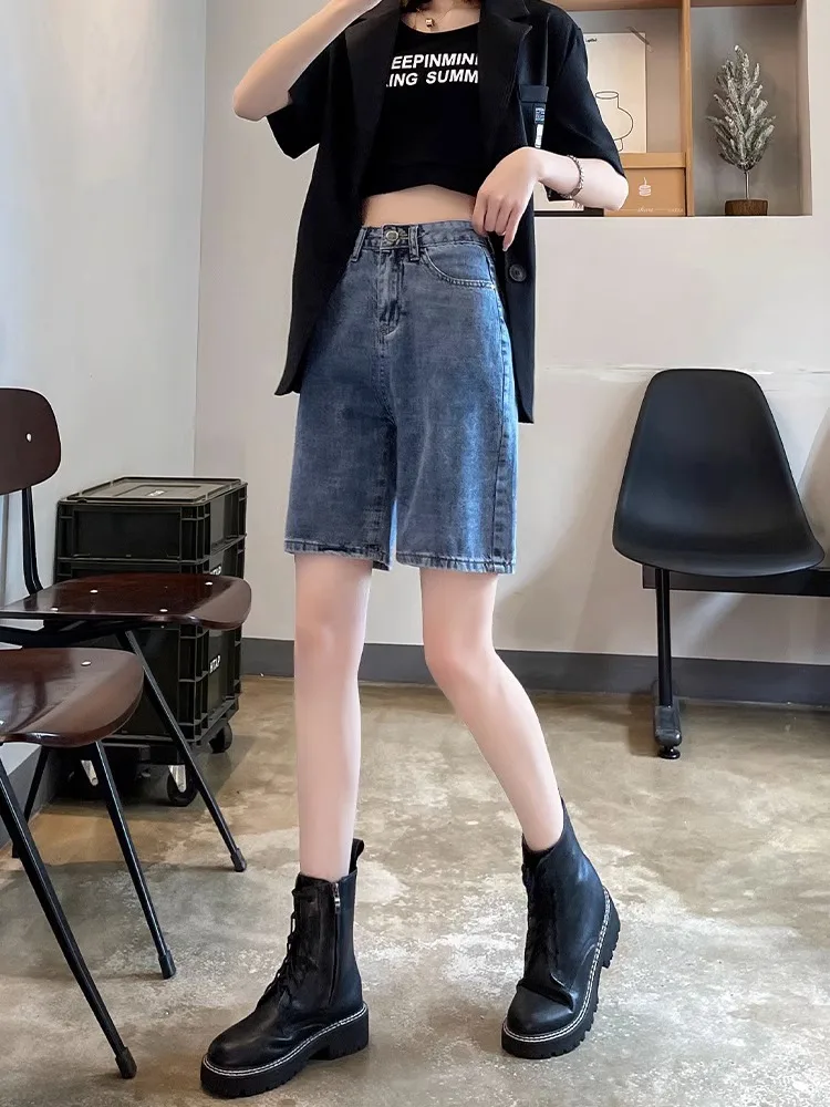 High Waist Straight Leg Five Inch Shorts Women's Summer Slimming Denim Shorts Student Wide Leg Medium Length Cotton Stretch D...