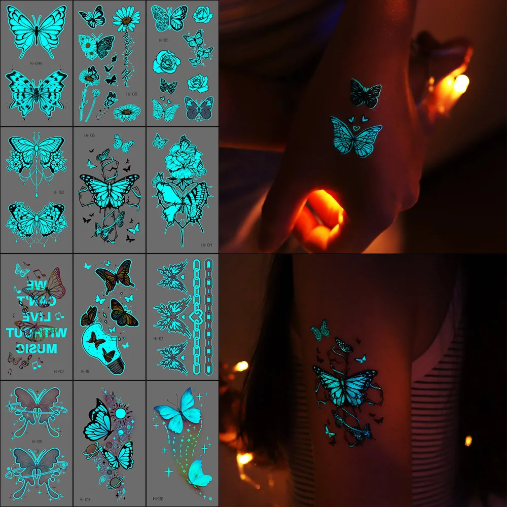 12 ورقة فراشة مضيئة الوشم المؤقت الأزرق توهج في الظلام الوشم ملصق للنساء الأيدي الوجه الموسيقى ديكور الحفلات