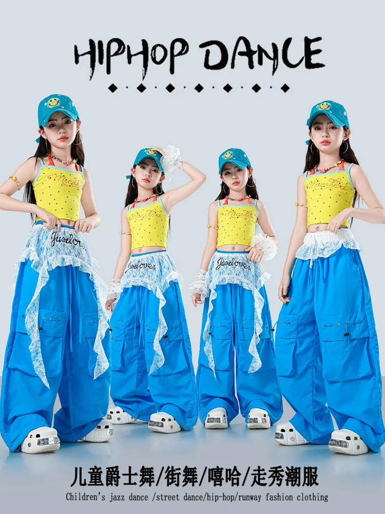 Kids Hip Hop Dance Outfit Yellow Sling Crop Top Cargo Pants Lace Decor Girls Jazz Costumes Kpop Stage Show Streetwear Clothes