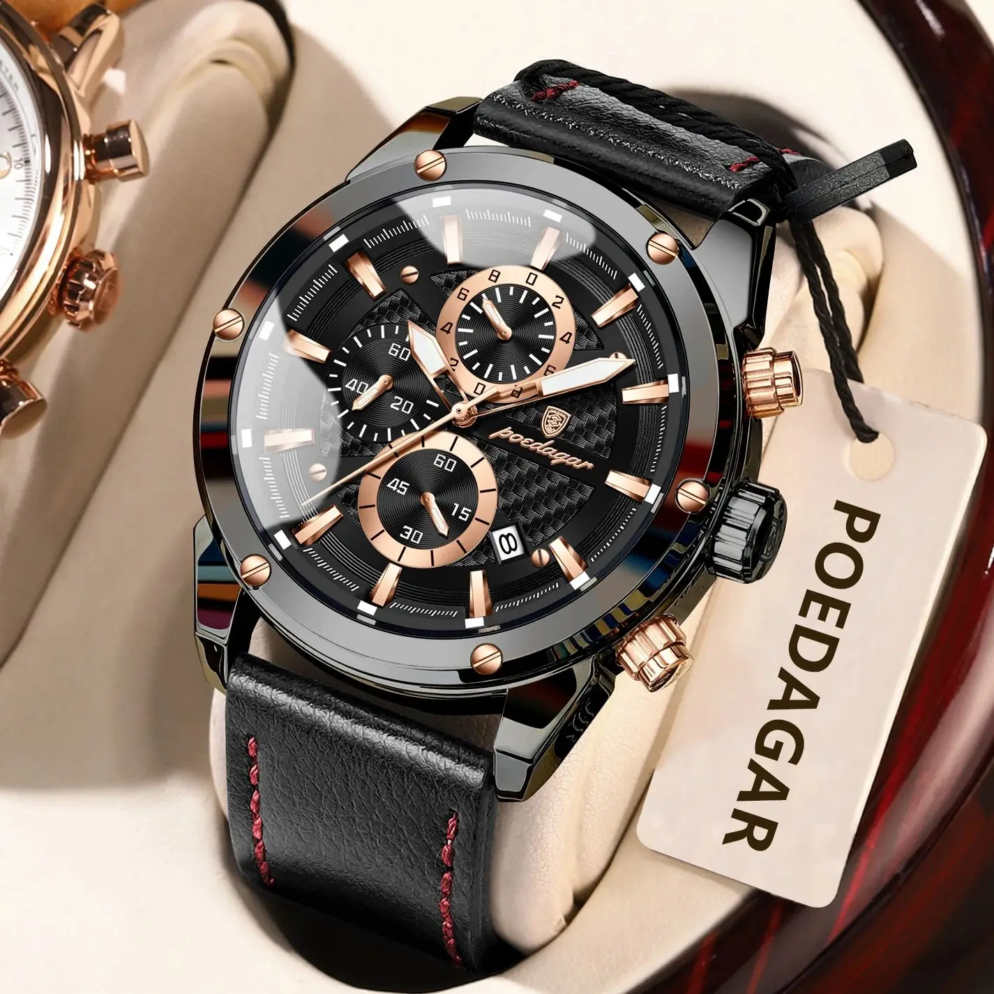 

POEDAGAR Роскошные модные мужские часы со светящейся датой, кожаные мужские кварцевые часы, водостойкий хронограф, спортивные военные часы для мужчин