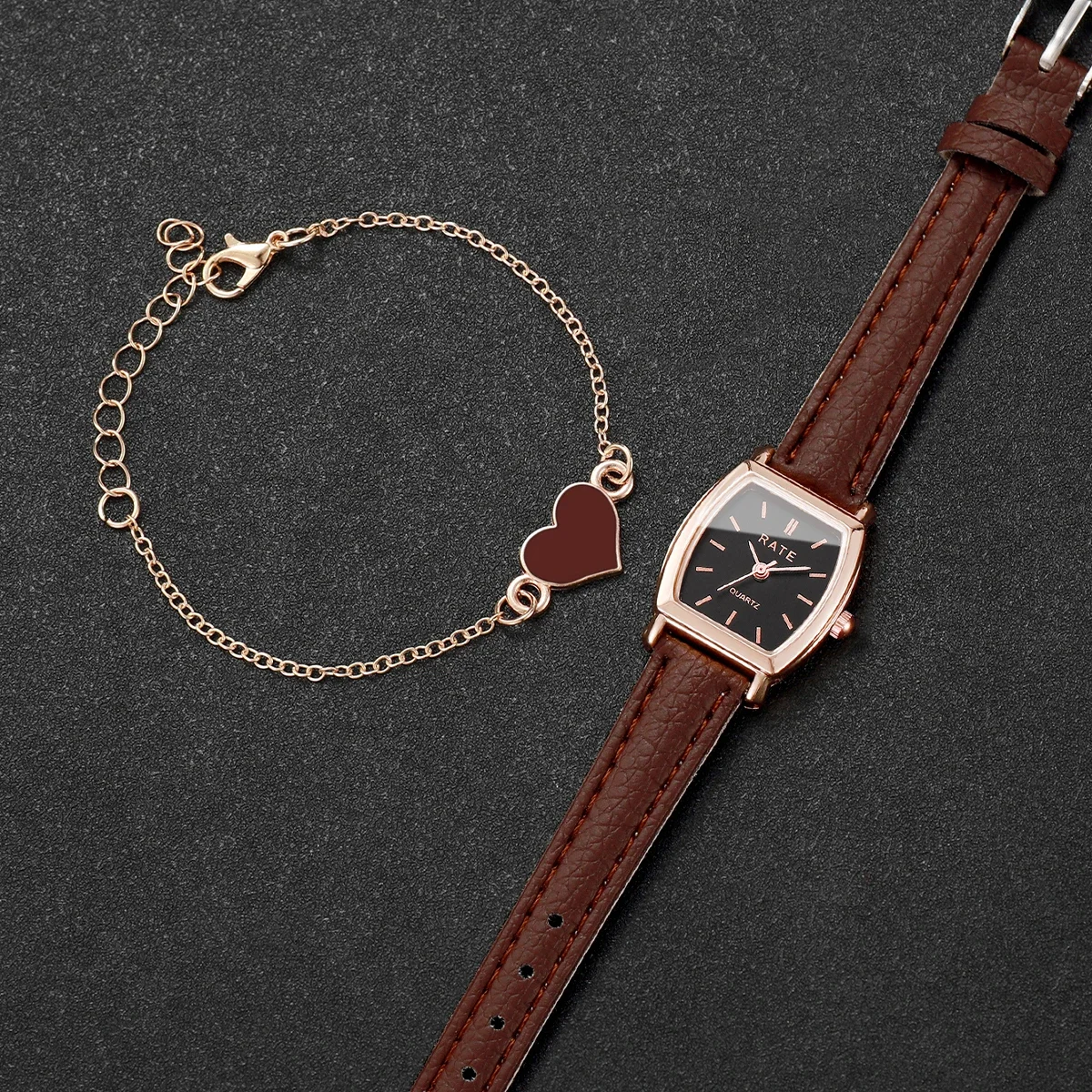 2PCS Fashion Women Watch Heart Bracelet Set Casual Leather Strap Quartz Wristwatches (Without Box)