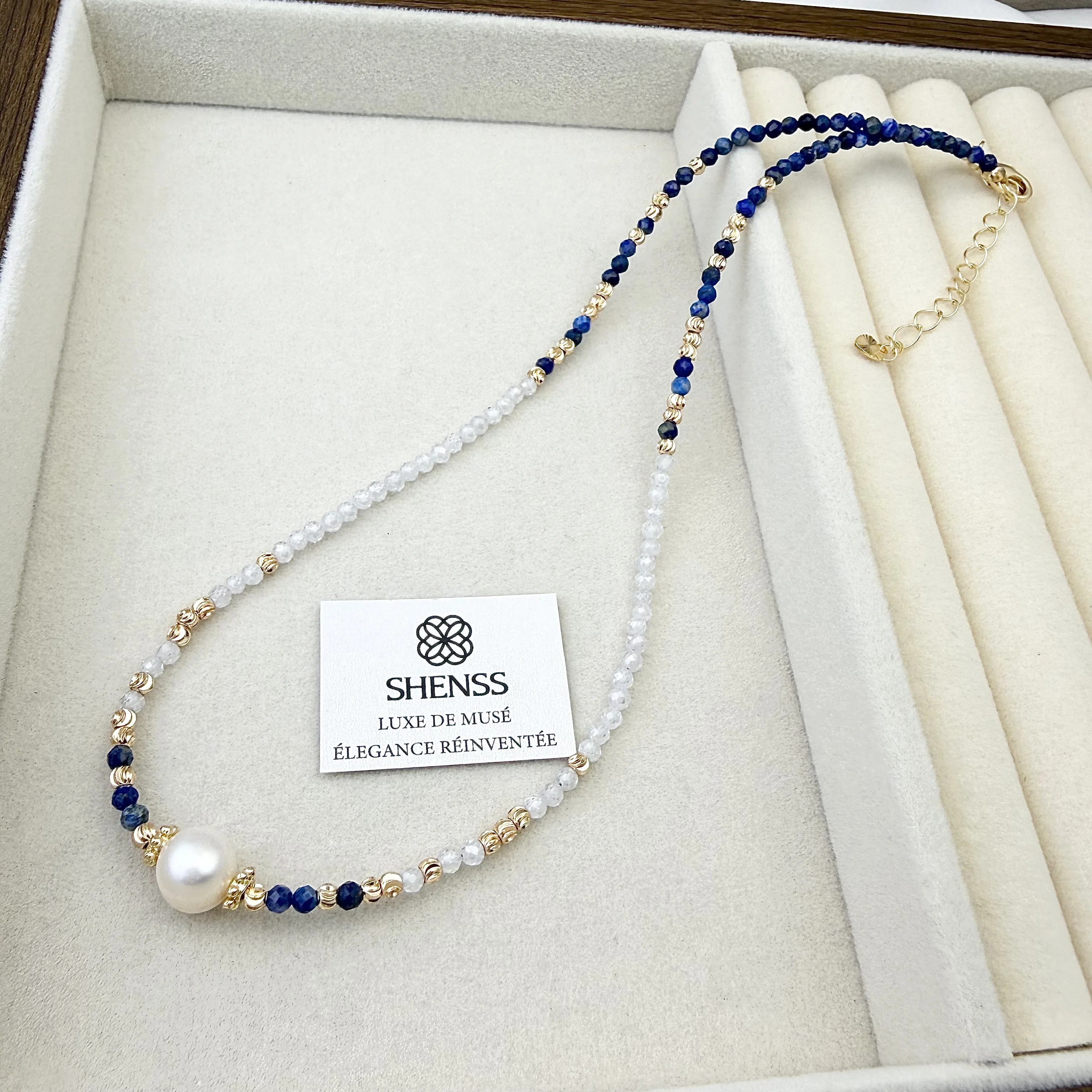 Lapis Lazuli & Zircon Pearl Jewelry Set Luxury Blue-White Contrast Necklace Bracelet Earrings Elegant Versatile Gift for Her view 6