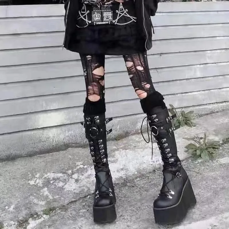 Wedges Lace Up Belt Buckle Women's Boots Platform Round Toe Super High Knee-High Boots Black Punk Fashion Streetwear Women Shoes image 2