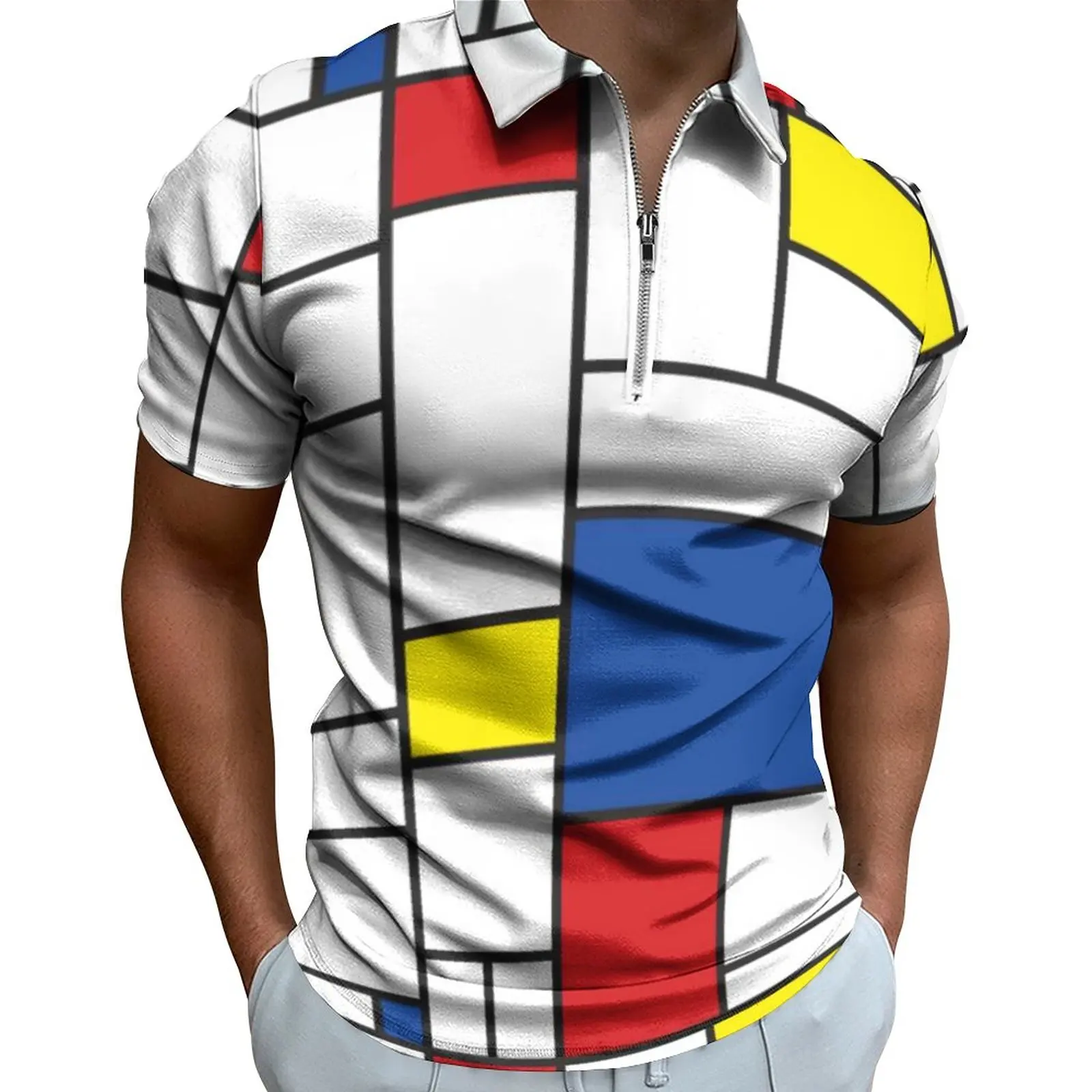 Retro Mondrian Plaid Casual T-Shirts Mondrian Modern Art Polo Shirts Collar Y2K Shirt Men Graphic Clothes 4XL 5XL 6XL