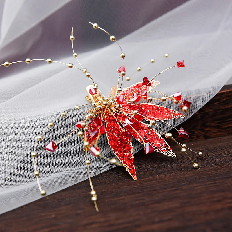 handmade Retro Crystal White red Maple leaf hair Clip Spring Top Fashion Clip Hair Accessory for Women girls bridal hair clips