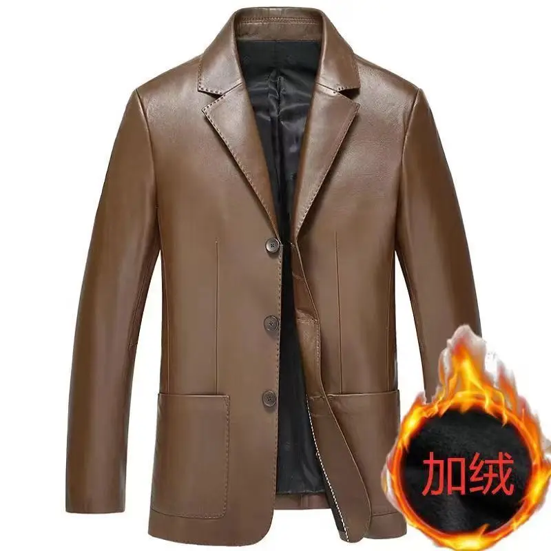 New Leather Suit Men Jacket Spring Autumn Korean Style Suit Collar High-end Casual Middle-aged Jacket Trendy Autumn Winter Thick