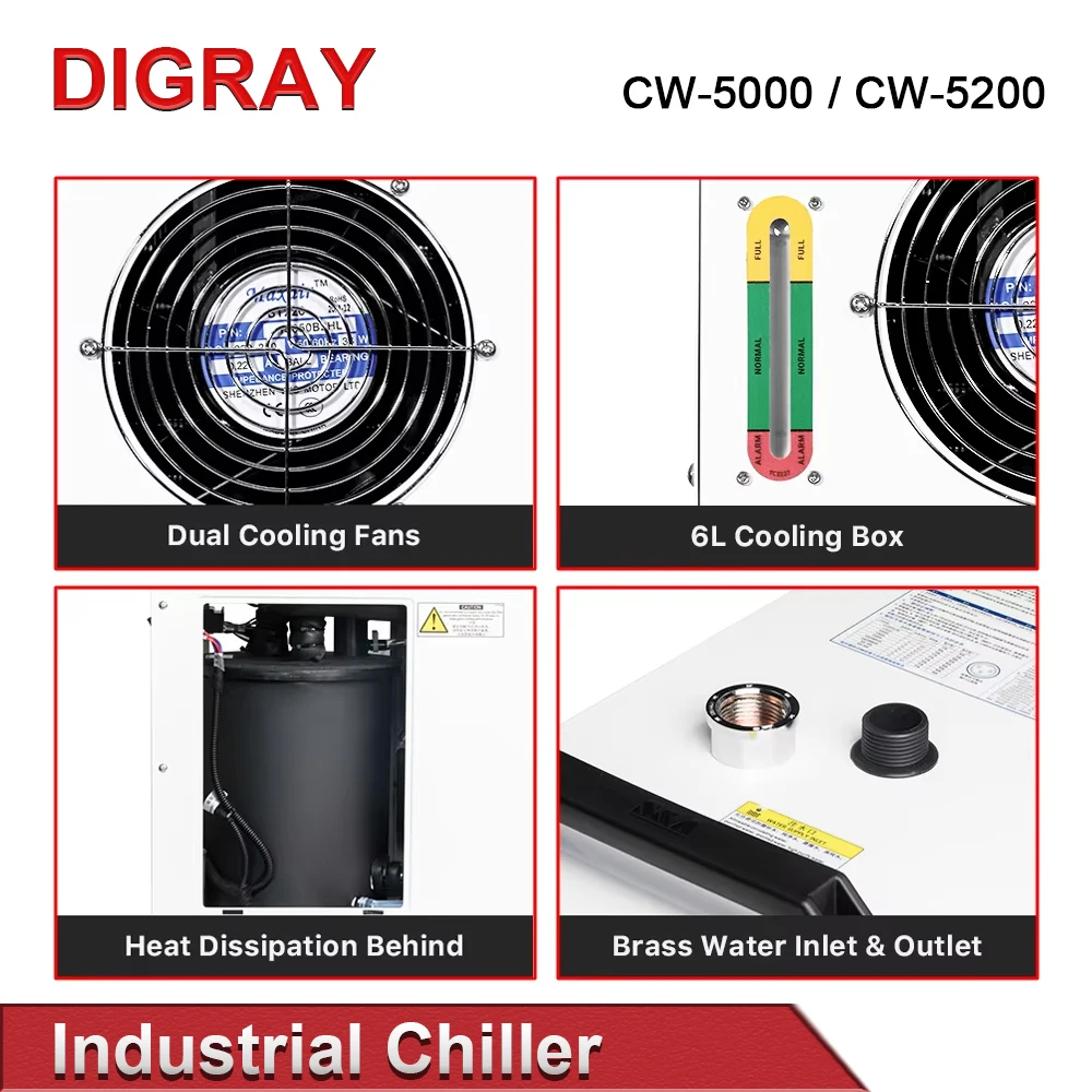 DIGRAY S & A CW5000 CW5200 CW5202 صناعة مبرد المياه لآلة قطع النقش بالليزر CO2 تبريد 80 وات ~ 150 وات أنبوب ليزر