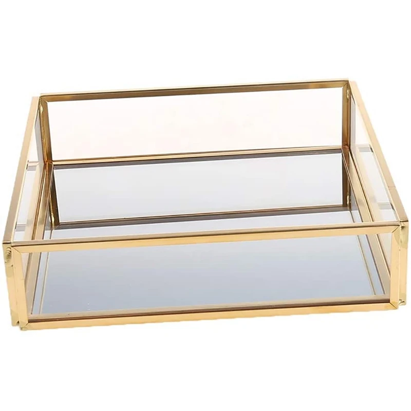 Golden Geometric Mirror Jewelry Tray, Cosmetics Jewelry Glass Storage Tray, Jewelry Crafts (Random Style)