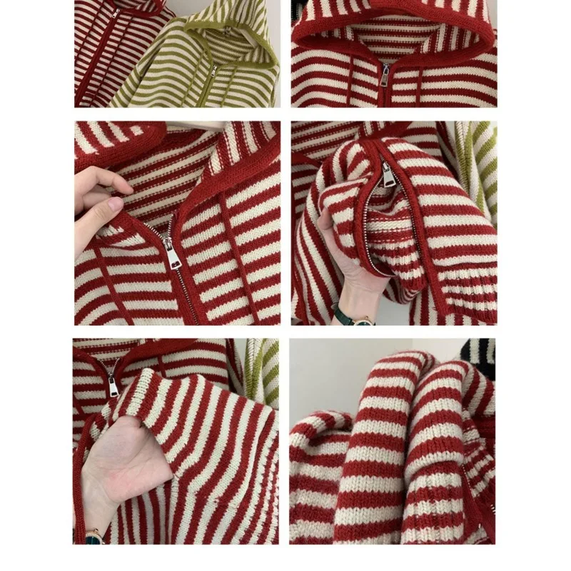 2023 Spring Autumn Striped Zipper Sweater Cardigan Women Loose Outwear Casual Latest Knitted Top Coat