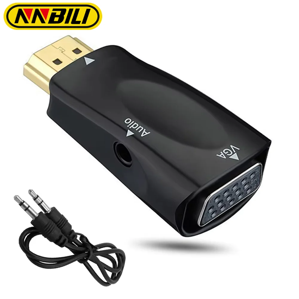 NNBILI Male To Famale Converter Adapter HDMI-compatible to VGA Cable Converter 3.5mm Jack Audio HD 1080P For PC Tablet Laptop