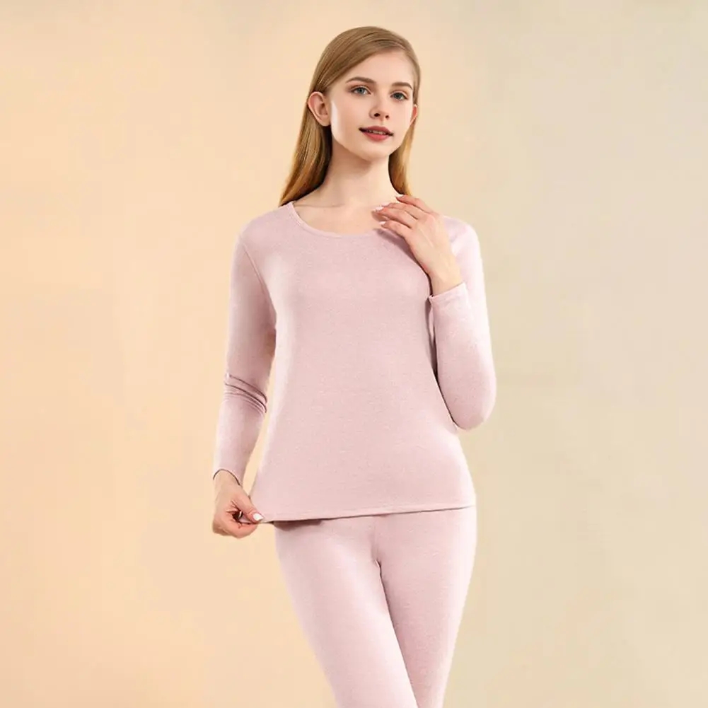 Solid Color Thermal Wear Women's Winter Thermal Underwear Set Cozy Round Neck Long Sleeve Pajamas Slim Fit Sports for Weather