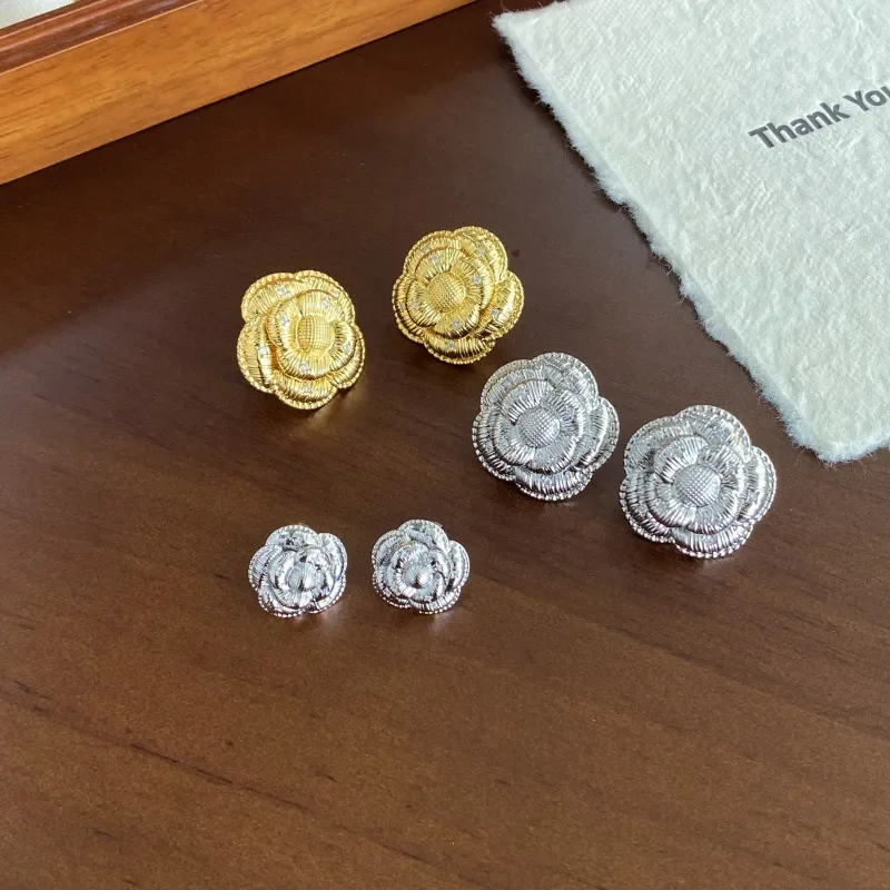 24 New French heavy industry brushed camellia stud earrings women's light luxury retro flower earrings, niche high-end