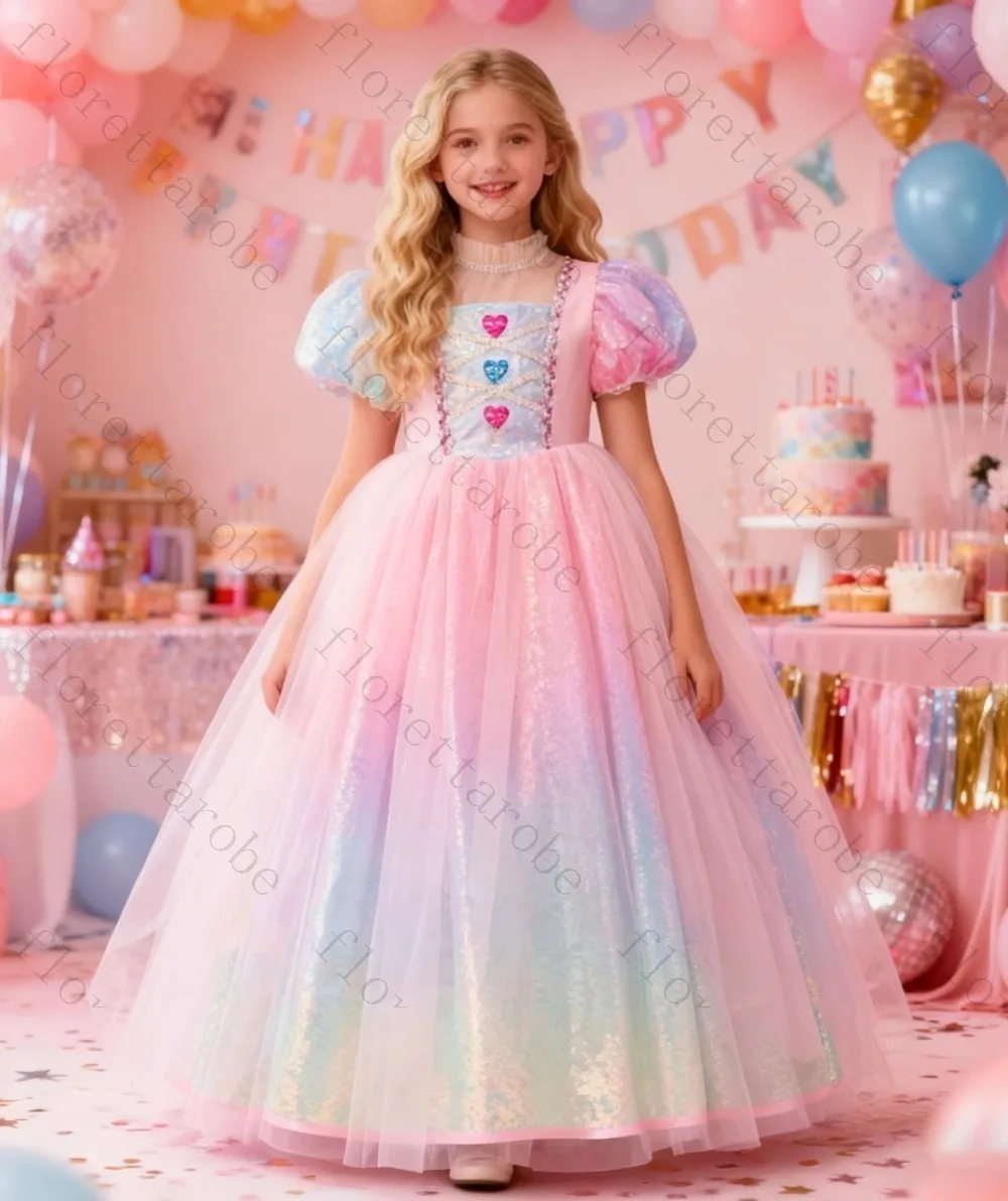 Customized Pastel Rainbow Puff Sleeve Heart Rhinestone Corset Bodice Gradient Sequin Tulle Long Gown for Birthday Party Wedding