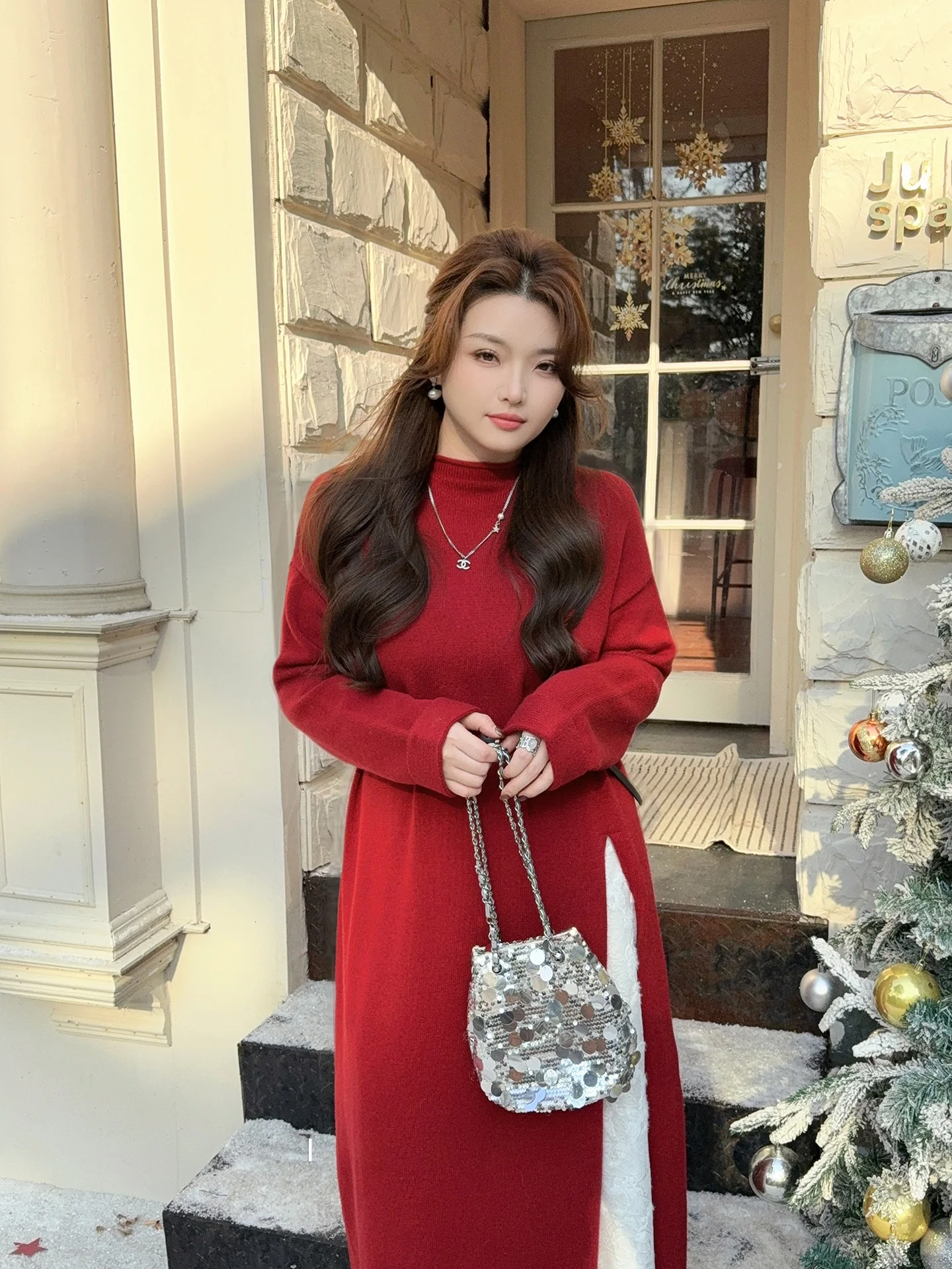 

Романтическое красное вязаное платье с разрезом для беременных, новое, зимнее, с высокой талией, А-силуэт, французский стиль, с длинными рукавами, V-образным вырезом, для повседневной носки