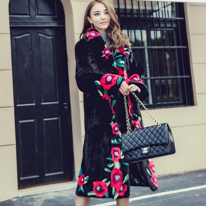 Ftangaiur Winter Import Mink Fur Coat Long Sleeve Flower Women Turn-Down Collar Floral Medium Natural Mink Fur Coats