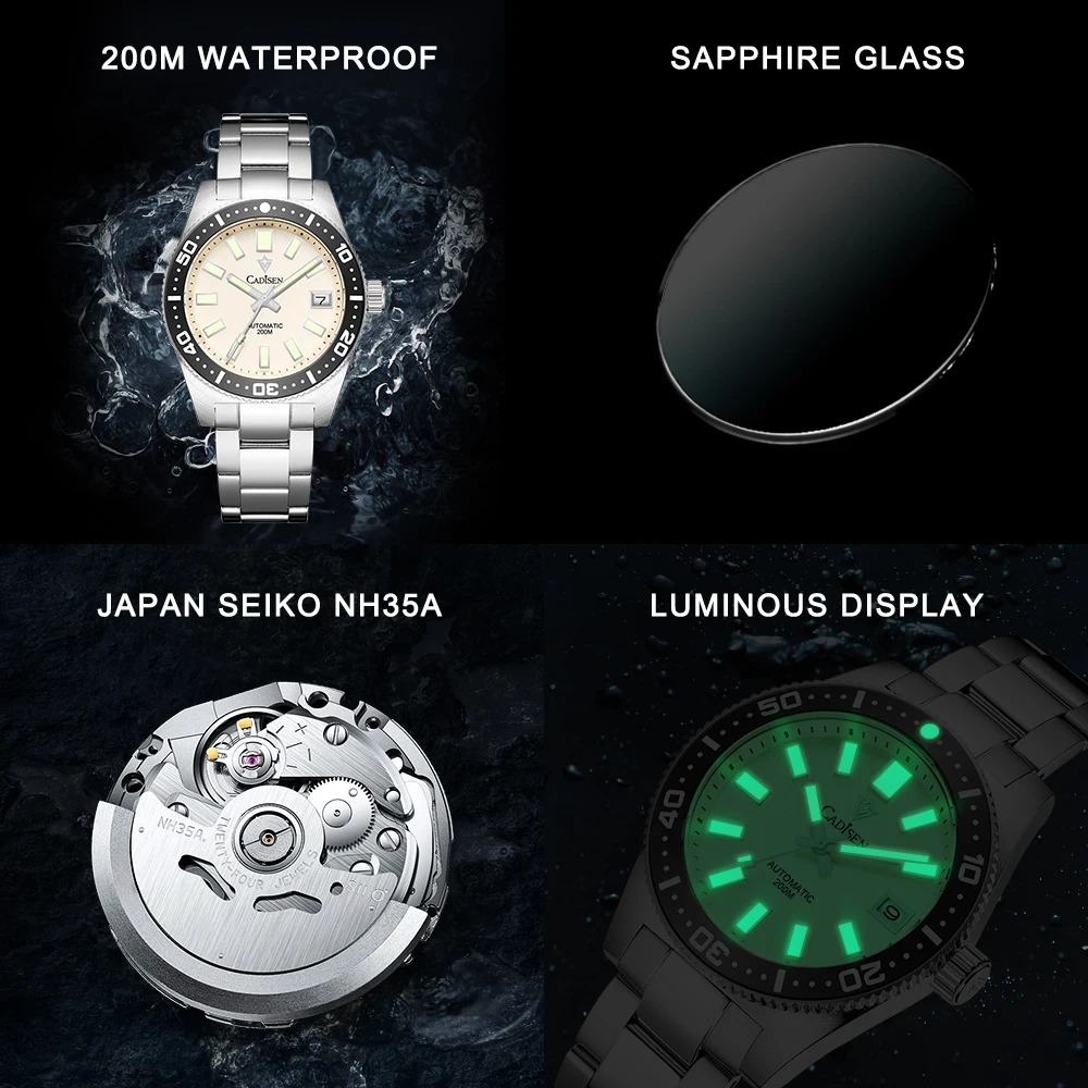 CADISEN-Reloj de pulsera para hombre, accesorio masculino de pulsera resistente al agua con movimiento japonés NH35A, cristal de zafiro, luminoso,