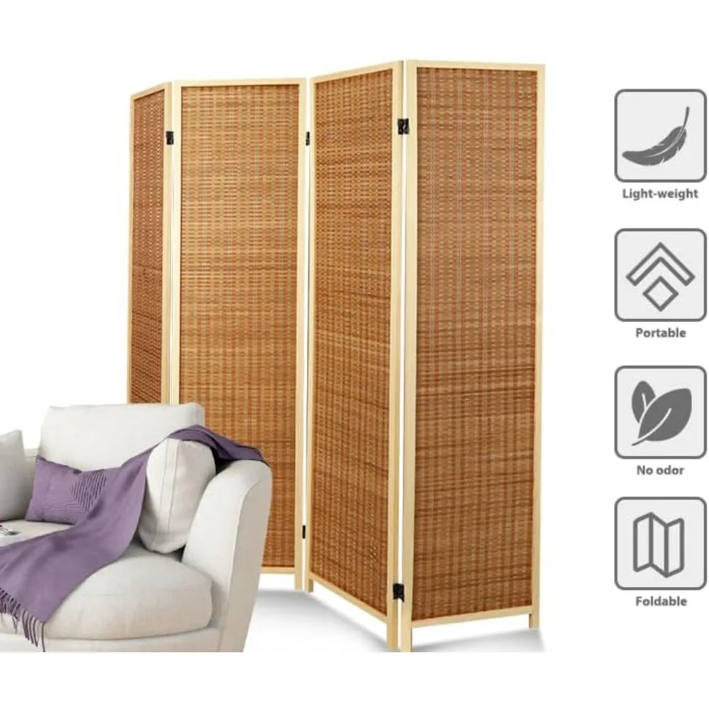 4 Panel Woven Bamboo Screen, Room Divider and Folding Privacy Screens, Freestanding Hand-Woven Room Partitions Partitions