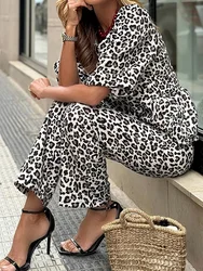 Autumn Half Lantern Sleeve Two Pieces Sets, Women Wide Leg Pants Simple Fashion Outfit, New Leopard Print Patchwork Ladies Suits