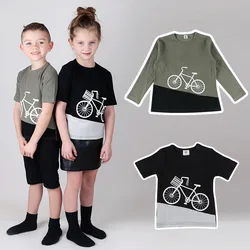 Kids boy and girl tee shirt contrast rib bike top cotton baby boy short and long sleeve t-shirt children summer spring clothes