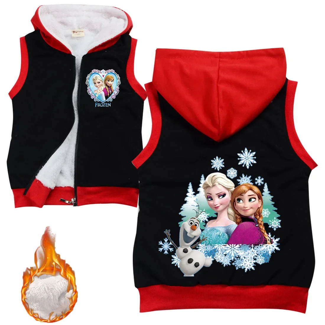 Disney Frozen Children\'s Wear Elsa Sleeveless Thick Cotton Winter  Hooded Vest Print Casual Tops for Girls Kids Clothes Sweater