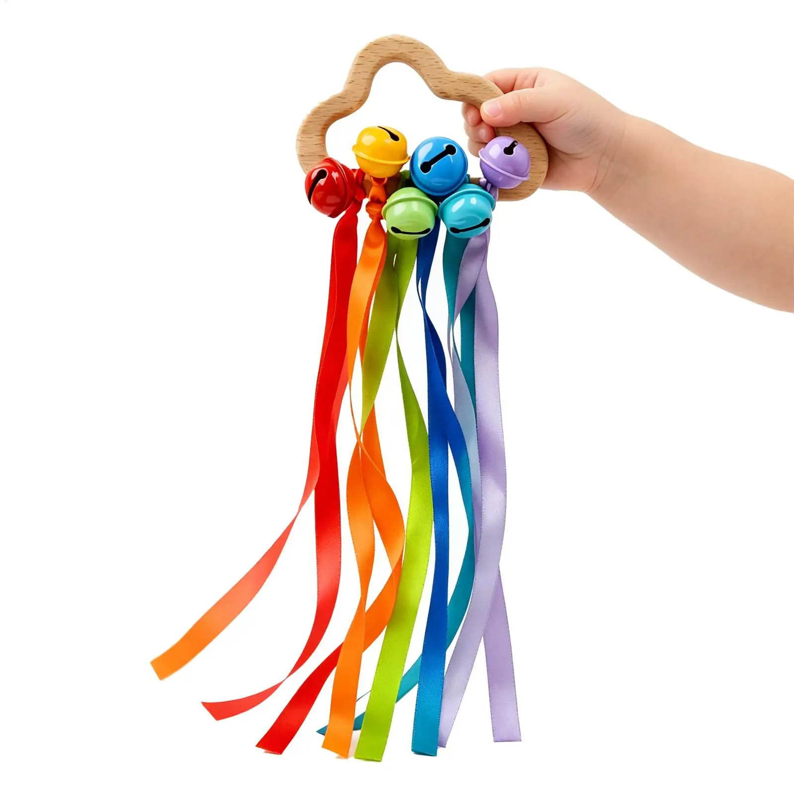 Rainbow Wooden Baby Teething Ring Easy Grip Kid Rattle Toy Sensory Ribbon Toy for Boys Girls Children Home Indoor Outdoor Travel