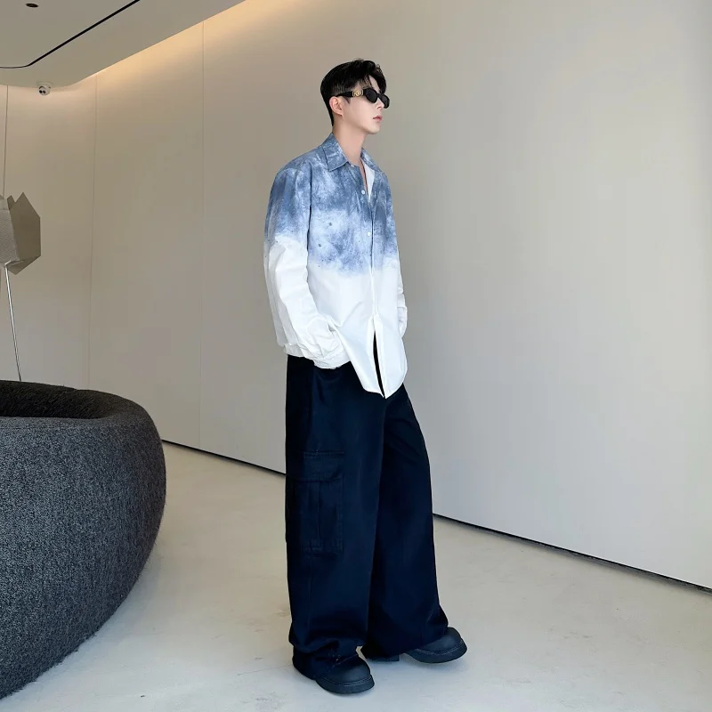 Retro Chinese Sle Long Sve irt Jaet Men's Casual Loose Printed Outerwear Water Ink adient Stand Fit Polyester