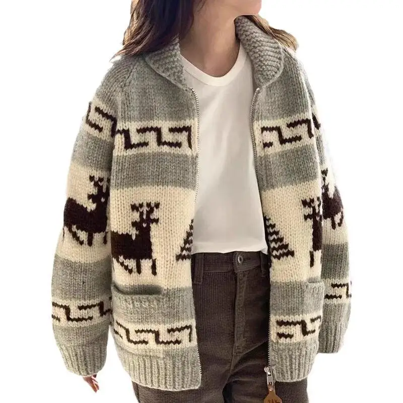 Korean Chic Christmas Knitted Cardigan Women Double Zipper Jacquard Pattern Lapel Sweater Autumn Winter Fashion Outerwear