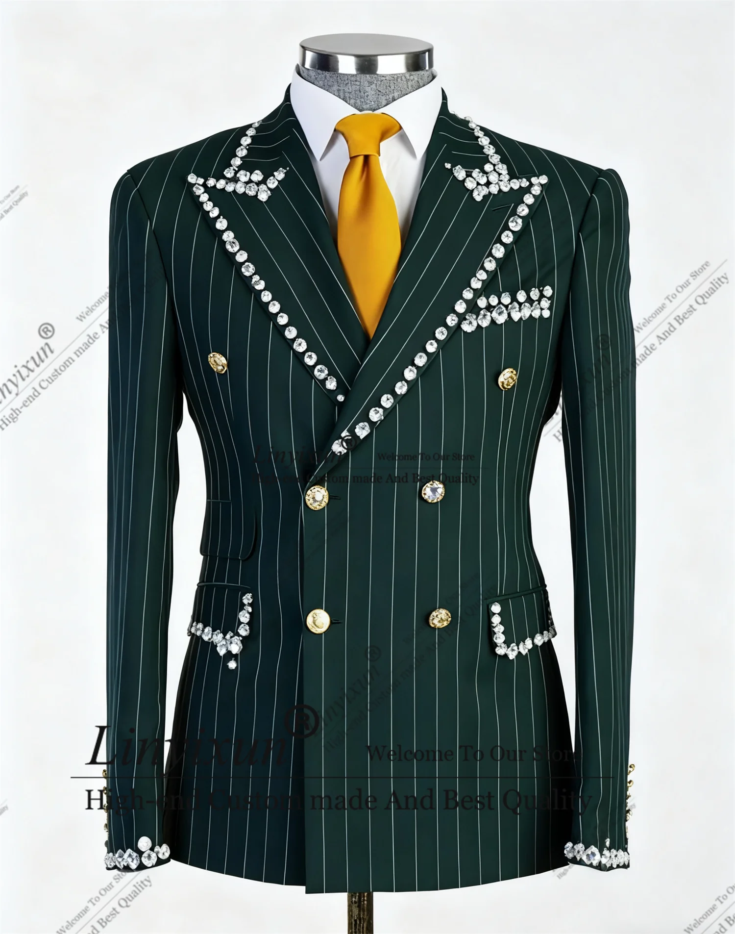 Fashion Simple Stripes Men Suits 2 Pieces Diamond Male Party Prom Blazers Customized Groom Peaked Lapel Tuxedos Slim Ropa Hombre