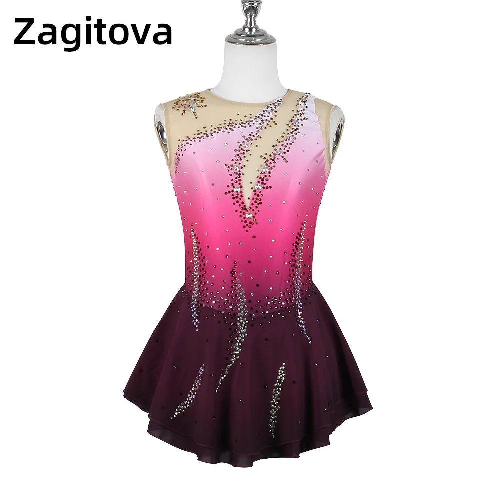 ZAGITOVA Figure Skating Dress Women Girls Sleeveless Ice Skating Skirt Rhinestones Mesh Skirt Red Gradient