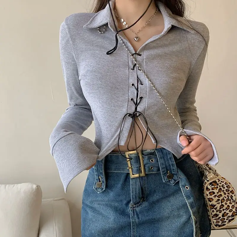 

Spring New Irregular Slim T Shirts Long Sleeve Polo Neck Bandage Solid Color Sweet Short Tops Tees Sexy Fashion Women Clothing