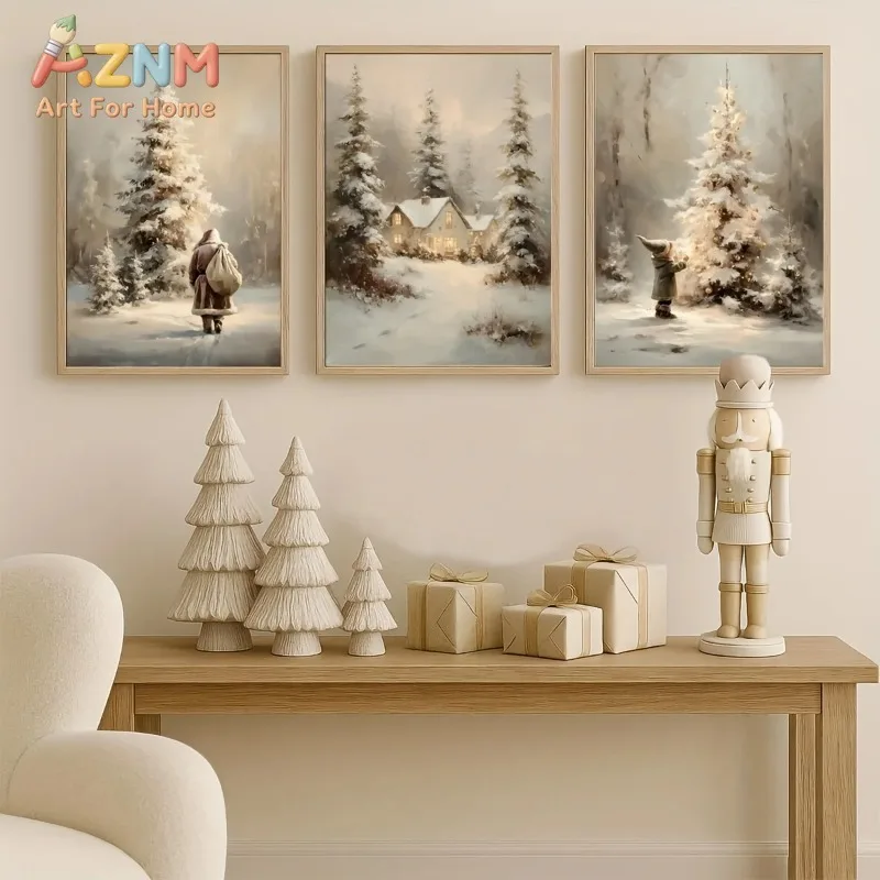 1/3pcs Rustic Christmas Tree Santa Claus Canvas Print Nordic Country Farmhouse Winter Christmas Wall Art Poster for Home Decor