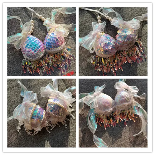 sequin bikini top bra, aquarium bar performance costume, fish tail skin