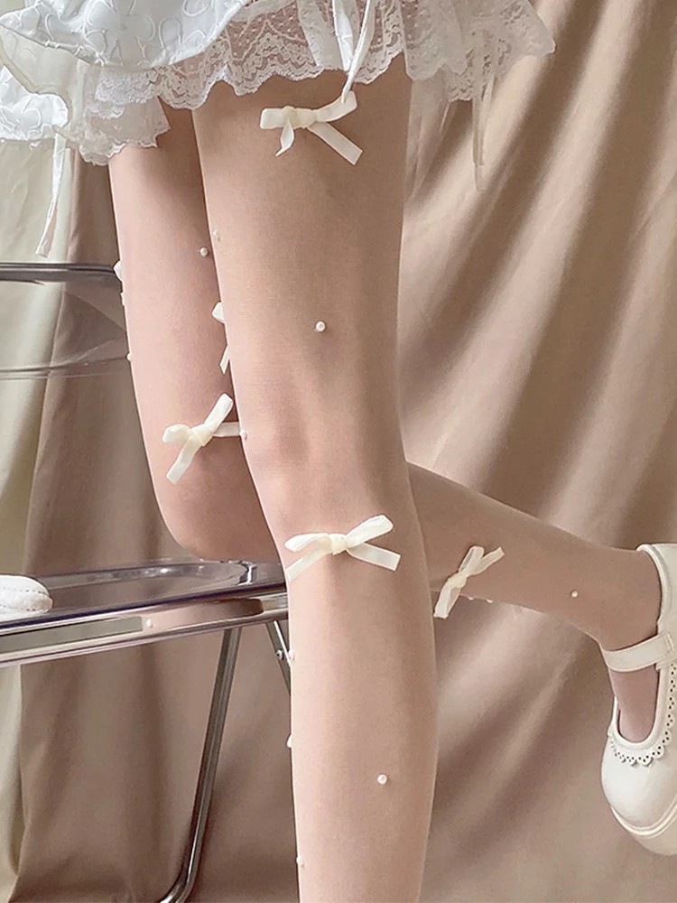 Pantyhose Women's White Stockings with Pearl Bow Decoration Sexy Fashion Simple All-Match Niche Design Thin Leggings Leg Shaping