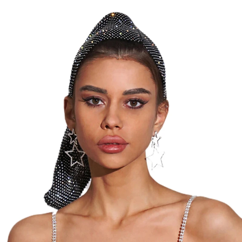 Damen Voll-Strass-Mesh-Kopftuch Funkelnder Kristall-Langschwanz-Kopfwickel Elastische Glitzernde Kopfbedeckung für Party, Club und Abendveranstaltungen – Detail 1