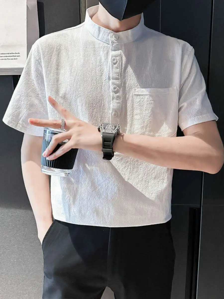 

New Summer Cotton Linen Short Sleeve Men's Shirt Stand Collar Button up Semi Open Front Simple Design Spring Fashion Male Top