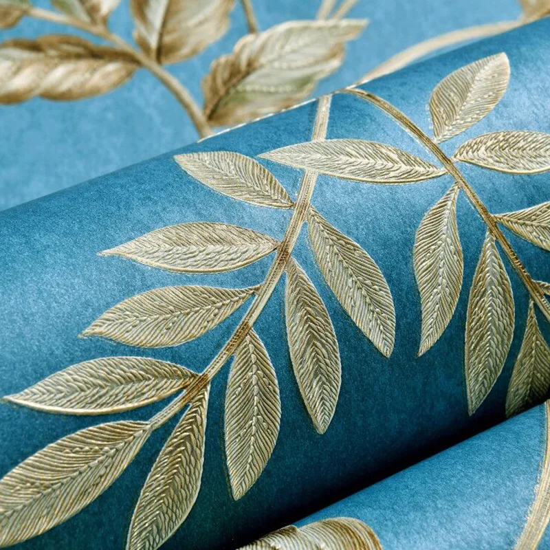 Papel De Parede 3D Peacock Blue Leaves Wallpaper American Living Room Bedroom Dining Room Relief Wall Paper Roll Vintage